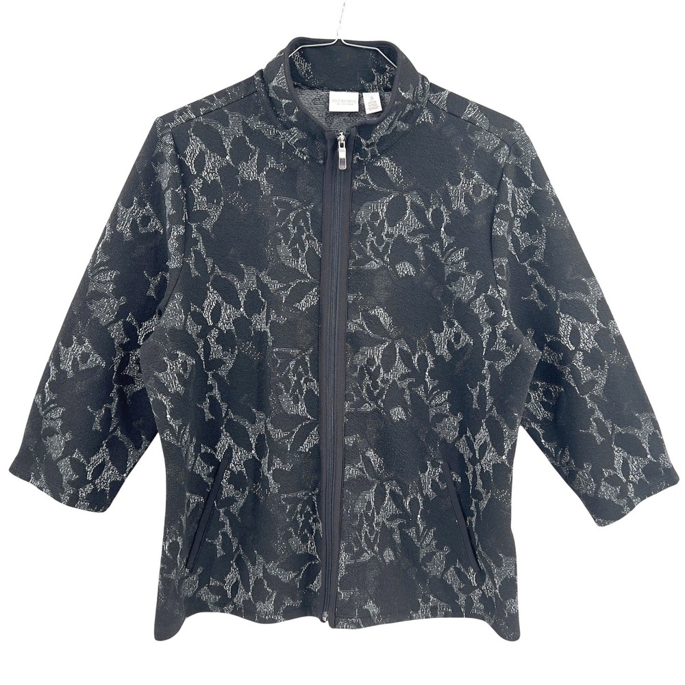 Chicos Weekends Women's Black Floral Zip Up Jacket Mock Neck Cardigan XL‎ 3